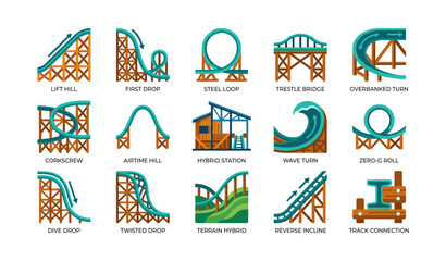Fototapeta premium Roller coaster track elements arranged in labeled grid