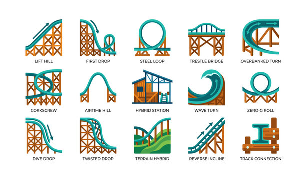 Roller coaster track elements arranged in labeled grid