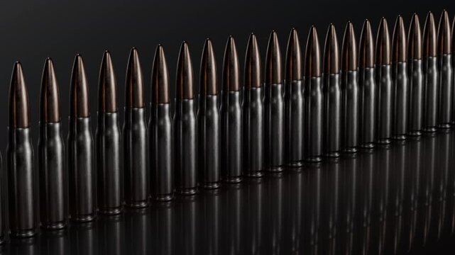 Dramatic row of metallic bullets on dark reflective background, ideal for defense, military, security, news and conflict visuals. Seamless loop animation, part of series. Ultra HD 3840x2160