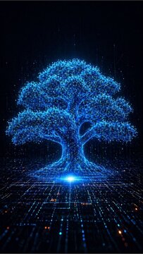 Digital Tree: A captivating digital artwork showcases a majestic tree, its form composed of glowing blue pixels against a dark backdrop. A symbol of growth and the interconnectedness of technology.