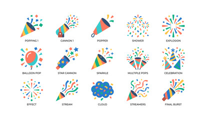 Naklejka premium Party celebration icons showing confetti, poppers and streamers