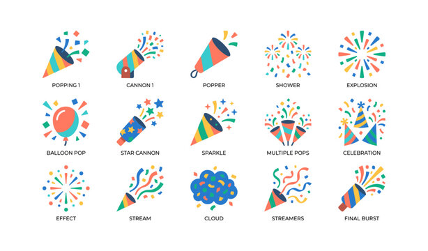 Party celebration icons showing confetti, poppers and streamers