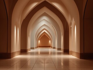 Fototapeta premium Warm light illuminates elegant arched corridor. Smooth tiled floor reflects soft ambient glow. Vaulted ceilings form repeating geometric pattern. Symmetrical design draws eye toward distant entrance