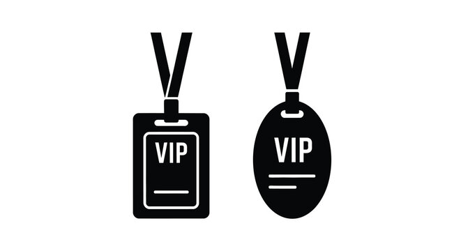 Two vip badge silhouettes with lanyards black on white background silhouette