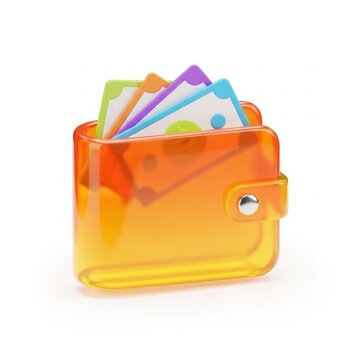 Orange translucent wallet with colorful paper money inside on white background.