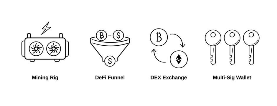 Fintech and Crypto Tools Hand Drawn Icon Set with Mining Rig DeFi Funnel DEX Exchange and Multi Sig Wallet
