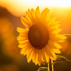 Obraz premium Sunflower ひまわり 080 Golden Sunflower in Backlight During Sunset（夕暮れの逆光に輝く黄金色のひまわり）