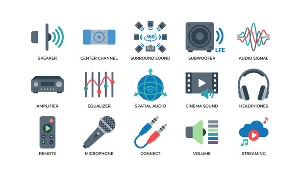 Audio equipment and sound icons arranged on white background