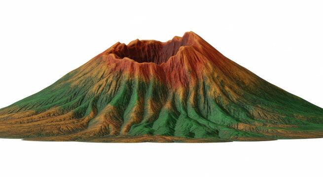 Conical volcano model with green slopes and red crater, isolated on a white background, 3d render