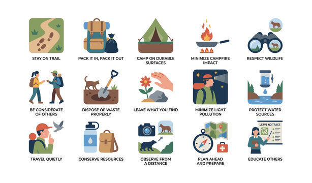 Leave no trace rule icons arranged in grid on white background
