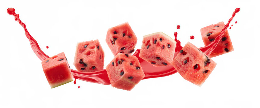 Cubed watermelon pieces floating in a red liquid splash, isolated on a white background, dynamic