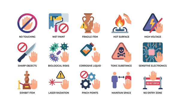 Safety warning icons indicating no touching hazards and restricted areas