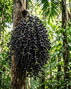 Ripe A&ccedil;ai Berry Cluster on Palm Tree in Amazon Rainforest. (Euterpe oleracea)