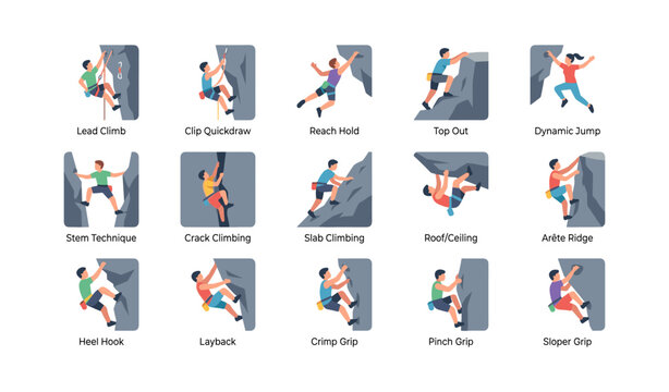 Rock climbing technique icons with climbers on rock holds