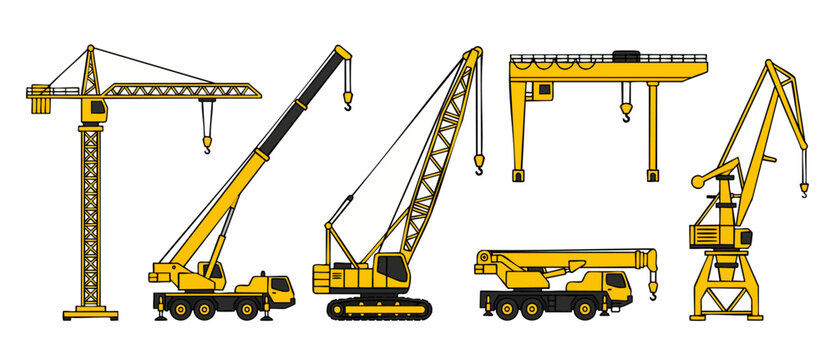 Construction Cranes Set: Industrial Lifting Equipment and Heavy Machinery Vector Icons for Architecture, Building Projects, Logistics, Cargo Handling, Infrastructure Development, and Site Engineering
