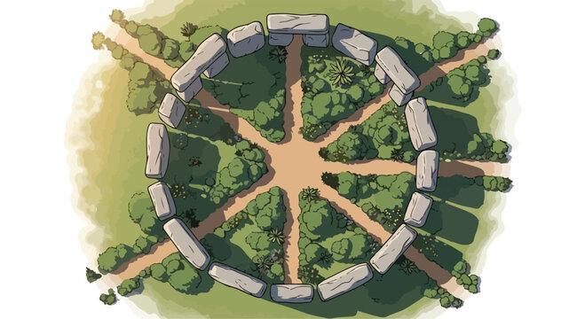 Ancient stone circle monoliths in forest clearing, megalithic ritual site top view vector, mystical druid ruins with stone pillars and green trees