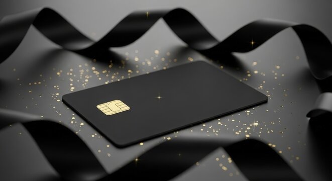 Modern black credit card with gold chip placed on reflective surface with glittering particles.