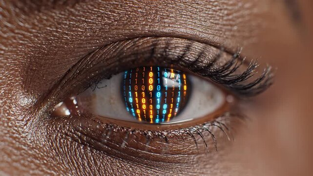 Closeup of human eye with binary code ideal for tech startups and software promos
