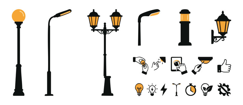Street Light Icons Set, Modern and Vintage Lamp Posts for Urban Lighting Design, Vector Collection of Electrical Infrastructure Elements and Smart City Illumination Technology Symbols for Street Maps