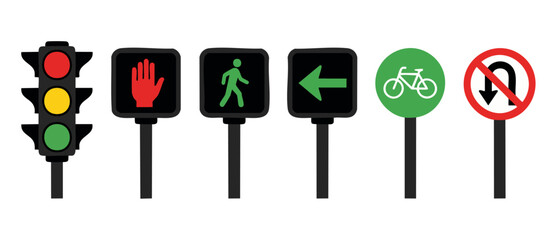 Traffic Signals and Road Signs Set, Street Safety Icons for Urban Infrastructure and Traffic Control Navigation Systems, Flat Vector Graphics Isolated on White Background for Transportation Design Pro © Fernando