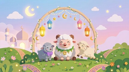 Fototapeta premium Cartoon sheep family celebrating eid al adha in green flower field.