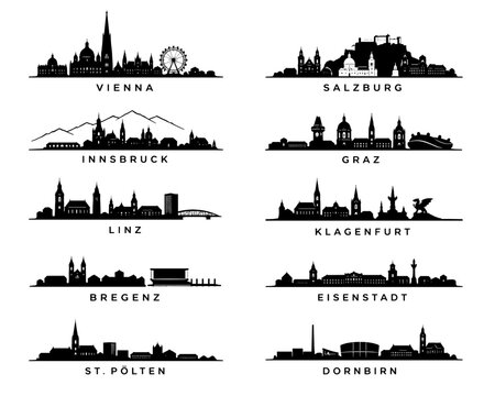 Austria City Skylines Silhouettes Set, Vienna Salzburg Innsbruck Graz and More, Minimal Black Urban Collection for Travel and Print Design