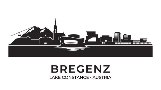 2D black Bregenz skyline silhouette with Lake Constance reflection, minimalist cityscape illustration with text on white background