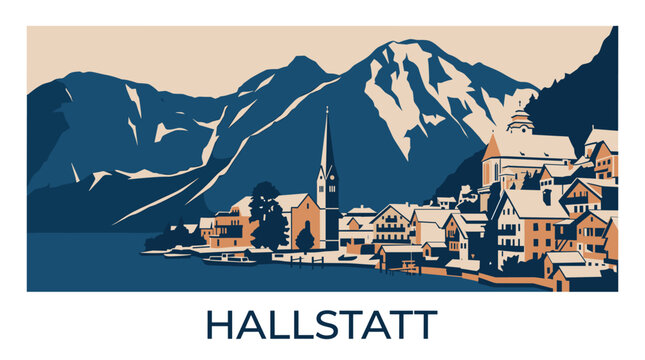 2D vintage style Hallstatt lakeside village with Alpine mountains, minimalist flat illustration with text on white background