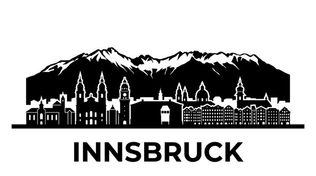 2D black Innsbruck skyline silhouette with Alpine mountains, minimalist cityscape illustration with text on white background