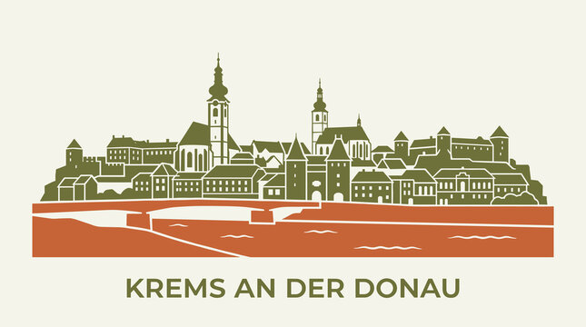 Krems an der Donau Austria Skyline Illustration with River, Minimal Historic Cityscape in Retro Colors, Travel Vector