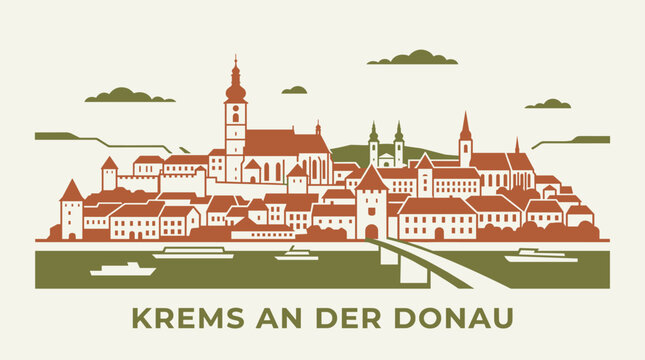 Krems an der Donau Austria Skyline Illustration, Minimal Historic Cityscape with River, Travel Vector