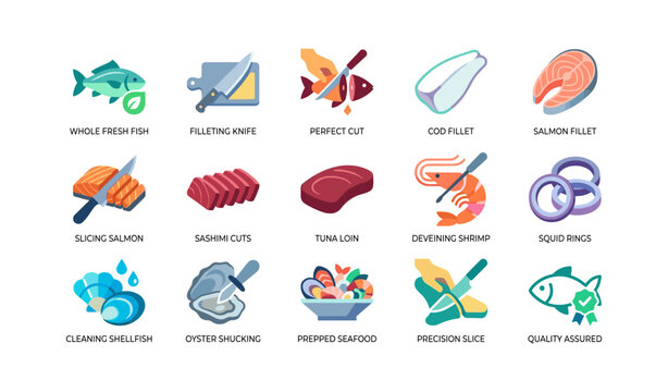 Seafood preparation icons arranged in grid on white background