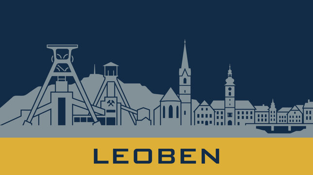 Leoben Austria Industrial Skyline Poster, Mining Landmarks and Historic Cityscape, Duotone Travel Illustration in Modern Flat Style
