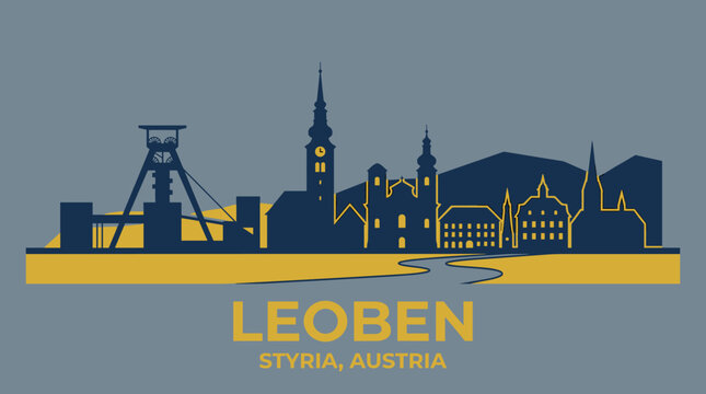Leoben Austria Skyline Illustration, Industrial and Historic Landmarks in Styria, Modern Flat Cityscape Design with Mining Heritage Elements