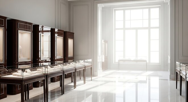 Elegant jewelry store interior with display cases and large window flooding the space with natural light, showcasing luxury retail ambiance.