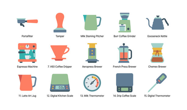 Coffee brewing equipment icons arranged on white background