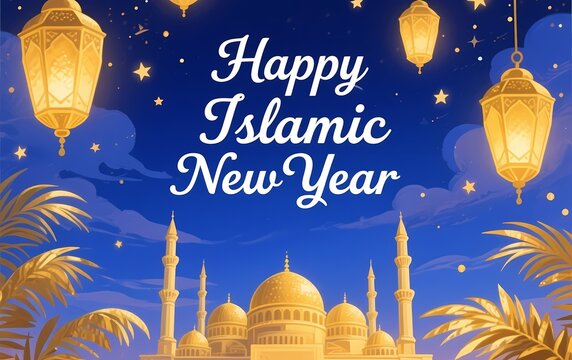Vector illustration of a Happy Eid Mubarak greeting card featuring a mosque and the Taj Mahal under a starry night sky with a crescent moon and elegant Arabic architecture design