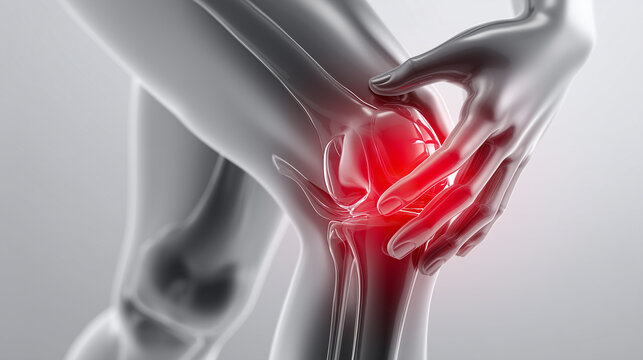 3D medical illustration of human knee joint with highlighted inflammation, showing pain area, anatomy structure and orthopedic problem concept.