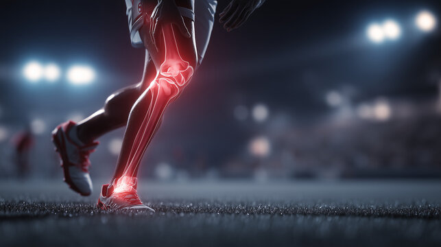 Athlete running with highlighted leg bones and joints showing injury, stress and sports trauma concept under stadium lights.
