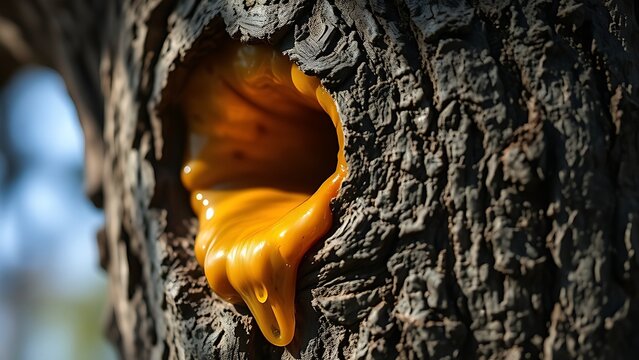 Close-up of a dark, swollen tree burl oozing golden amber resin on oak bark.