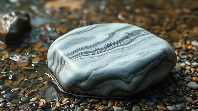 Smooth soapstone rock with water-like veining on a pebble riverbed.