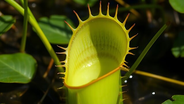 A Venus flytrap with its sealed leaf chamber in a swamp, macro view.