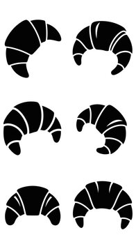 Black Croissant Icons Set, Fresh Baked Pastry Vector Illustrations