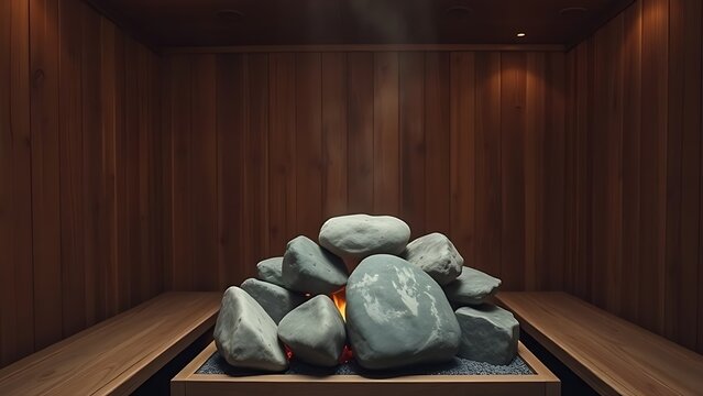 Interior of a traditional Finnish sauna with soapstone rocks.