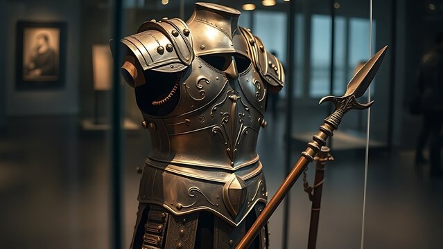 Ancient Roman legionary armor and a spear displayed in a museum glass case.