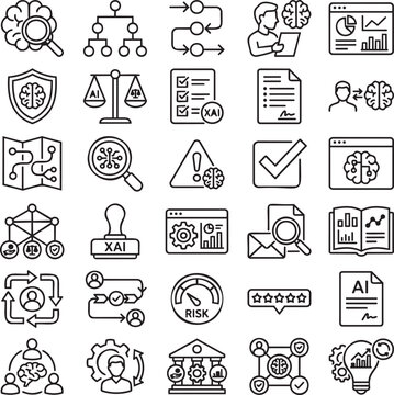 30 Explainable AI Line Icons &ndash; XAI, AI Transparency, Trust, Responsible AI Minimalist Vector Outline Set for UI UX