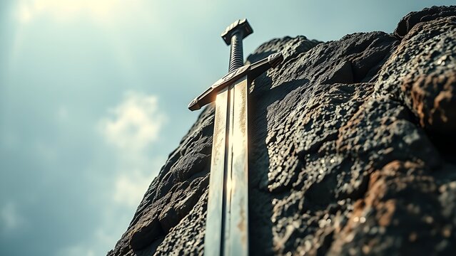 A weathered longsword plunged into a craggy rock, sunlight glinting.