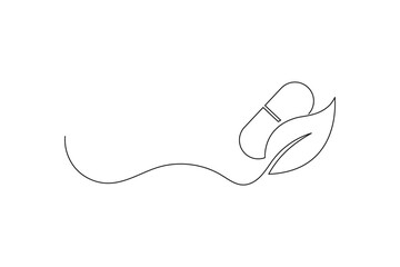 Obraz premium Capsule pill one line drawing with leaf for natural medicine branding