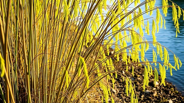Dense thicket of osier willow branches by riverbank, yellow-green hues in sunlight.