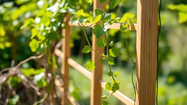 A green vine growing up a clean wooden trellis.